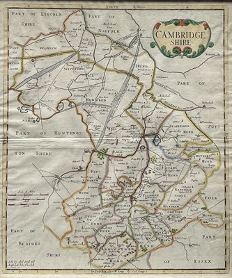 Lot 135 - Robert Morden 18th century handcoloured engraved map of Cambridgeshire, 44cm x 37cm, glazed Hogarth frame