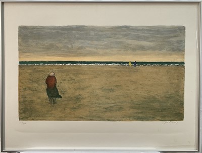 Lot 11 - Hans Potthoff (1911-2003) limited edition lithograph, shoreline and figures, signed, 13/200, 38cm x 66cm, glazed frame