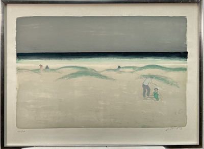 Lot 12 - Hans Potthoff (1911-2003) limited edition lithograph, figures in sand dunes on the beach, signed, 120/150, 44cm x 66cm, glazed frame