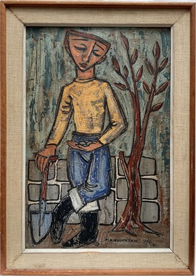 Lot 13 - Zeljko Kujundzic (1920-2003) tempera on board, Gardener’s Boy 1956, signed, titled verso, 39cm x 27cm, framed