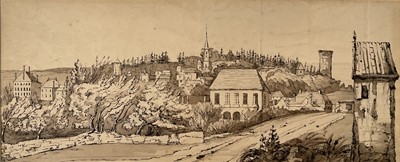 Lot 89 - Circle of John White Abbott (1763-1851) ink and watercolour, Town scene, on Whatman paper 1827 watermark, 13cm x 30.5cm, unframed