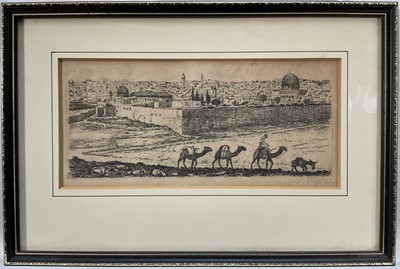 Lot 84 - Jacob Eisenberg (1897-1965) pencil signed etching, Jerusalem, 11cm x 23cm, glazed frame