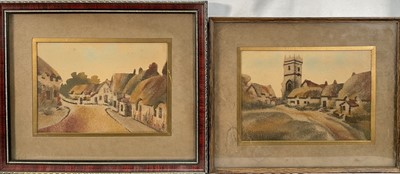 Lot 83 - Isle of Wight sand pictures, a pair, 'Old Village Shanklin' and 'Godshill', both 12cm x 17cm, glazed frames