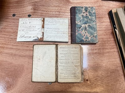 Lot 5147 - Collection of ephemera, including early 19th century copy books, a 1793 edition of 'A Curious Hieroglyphick Bible', stamps, etc