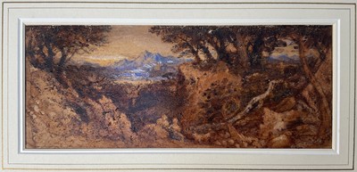 Lot 9 - John Varley (1778-1842) watercolour and gum arabic, Figures in a wooded landscape, signed bottom right, 11cm x 26cm, with mount unframed. Provenance: Sotheby's 20th December 1973