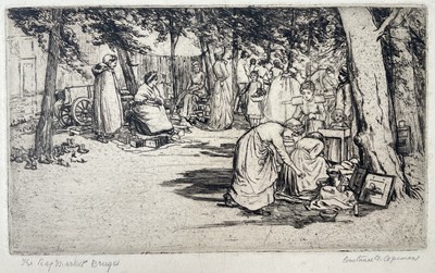 Lot 86 - Constance Gertrude Copeman (1864-1953) pair pencil signed etchings, Bruges Rag Market and Woman carrying a basket, unframed (2)