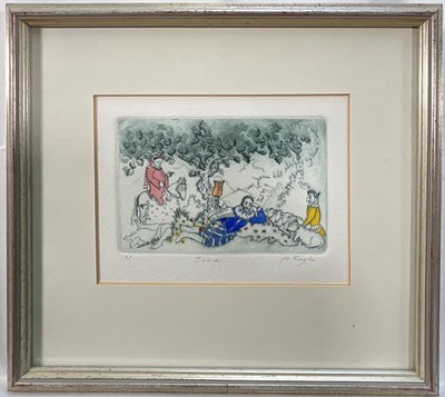 Lot 131 - Michael Tingle (b.1954) artist's proof satirical etching based on Shakespeare, 'June', from The Life and Death of St Facetious exhibition, 9.5cm x 14.5cm, signed and titled in pencil, glazed frame
