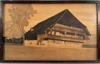 Lot 82 - Charles Spindler (1865-1938) marquetry panel, Chalet and trees, signed bottom right, 18cm x 30cm, glazed frame