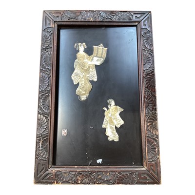 Lot 5153 - Antique Japanese Shibayama panel decorated with two female figures in bone, mother of pearl and ivory, the frame with floral decoration, 73cm x 48.5cm