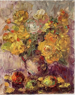 Lot 161 - Annelise Firth (b. 1961) oil on canvas, Gold Roses, signed titled and dated 2025 verso, 50cm x 40cm, unframed