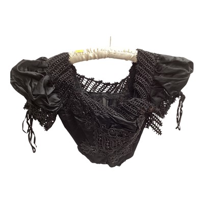 Lot 2514 - Victorian clothing including heavily beaded boned bodice, black lace blouse with polka dot net sleeves and inserts, purple silk and lace top. Black silk crepe bolero with fine lace collar and fr...