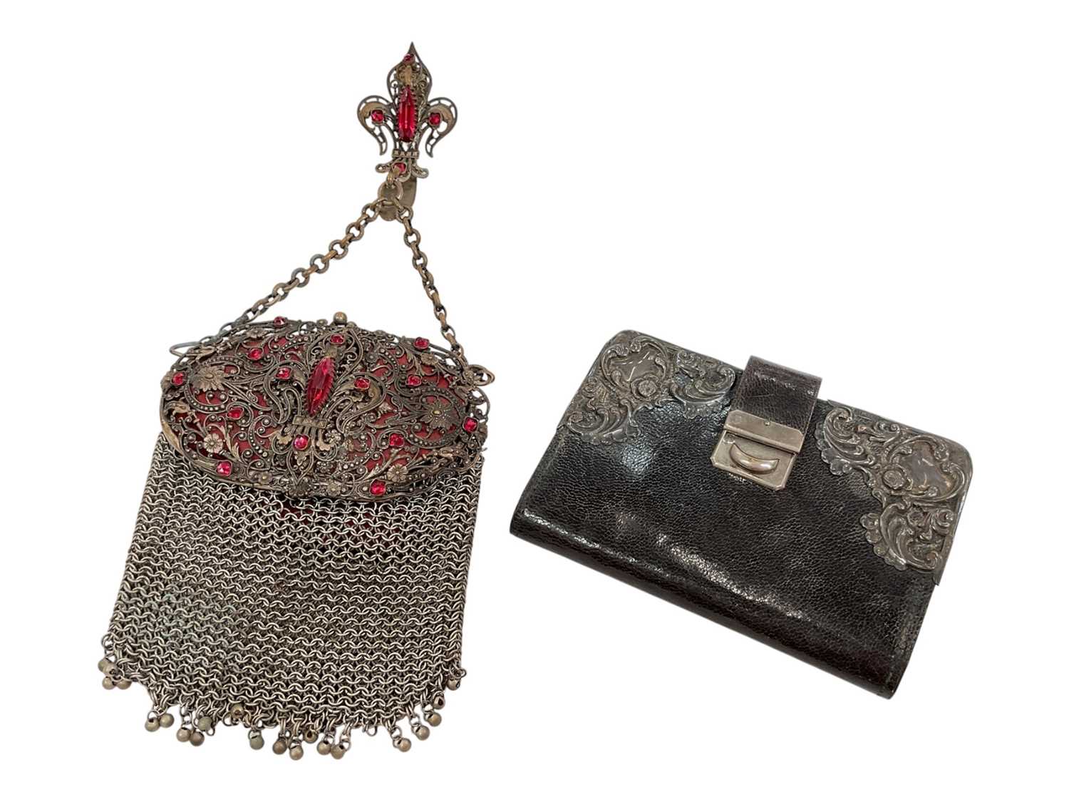 Lot 6 - Vintage Czechoslovakian paste set chatelaine mesh purse and an Edwardian silver mounted leather purse (2)
