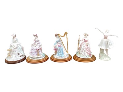 Lot 2214 - Royal Worcester - 'The Graceful Arts', four limited edition figures, comprising 'Embroidery', 'Poetry', 'Music', and 'Painting', limited editions of 2500, printed marks beneath, all on wooden ba...
