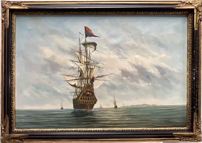 Lot 95 - 19th century style oil on canvas of a galleon, signed Ambrose, 60cm x 91cm, framed .
