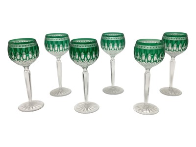 Lot 2211 - Set of six Waterford 'Clarendon' pattern cut crystal wine glasses having green flash bowls.