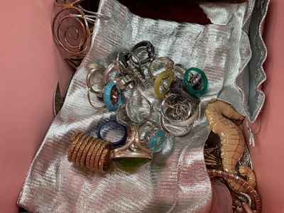 Lot 9 - Group of costume jewellery including gilt metal jewellery, brooches, various rings, Swarovski pendant necklace in box etc