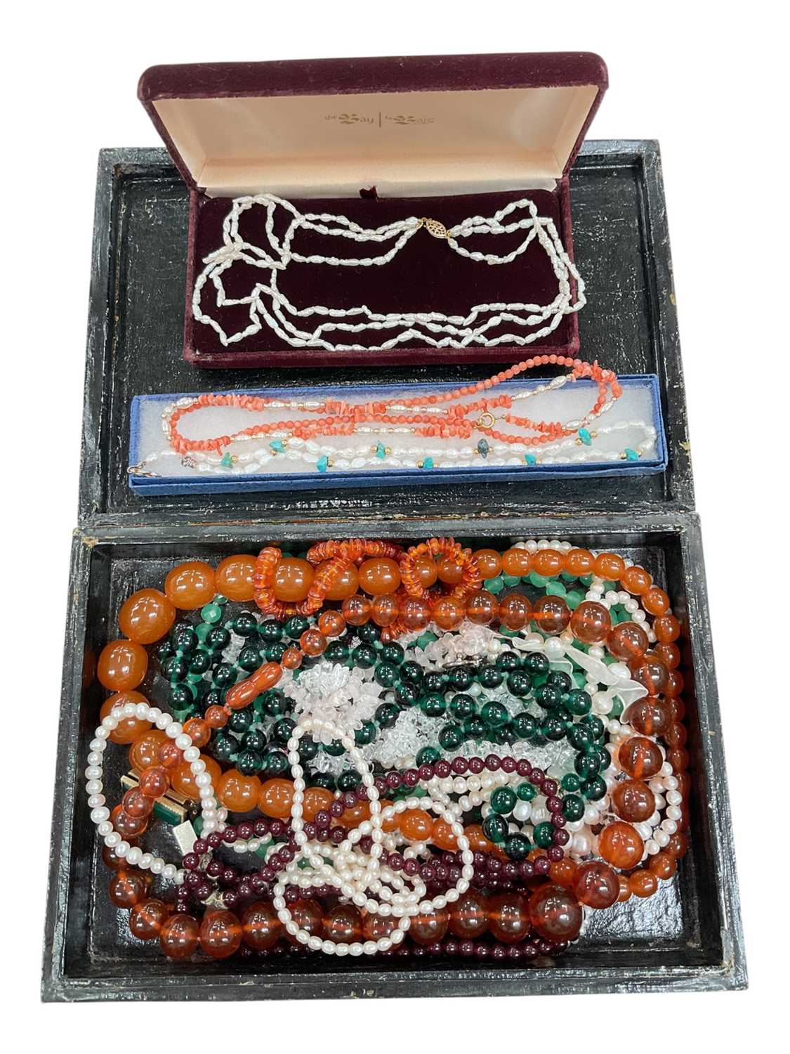 Lot 11 - Group of semi-precious bead necklaces including cultured pearls, garnet, coral, simulated amber etc