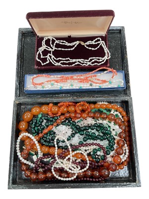Lot 11 - Group of semi-precious bead necklaces including cultured pearls, garnet, coral, simulated amber etc