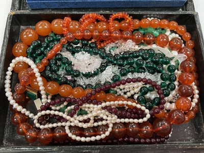 Lot 11 - Group of semi-precious bead necklaces including cultured pearls, garnet, coral, simulated amber etc