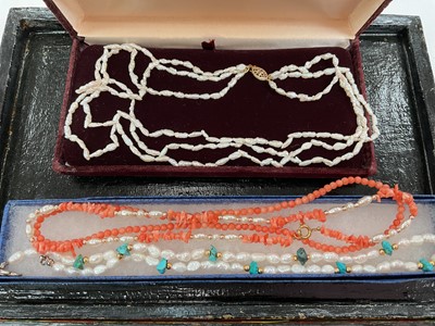 Lot 11 - Group of semi-precious bead necklaces including cultured pearls, garnet, coral, simulated amber etc