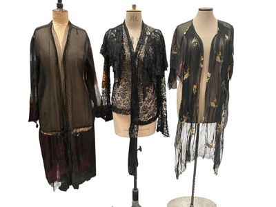 Lot 2523 - 1930s Black silk chiffon wrap with gold tone appliqued leaves and berries, good quality black evening jacket with wide split sleeves, ruffle collar and silk chiffon lining, black lace evening t...