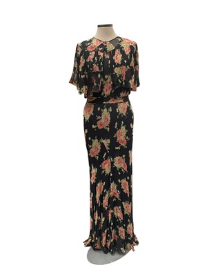 Lot 2524 - Group of 1920s and 1940s evening dresses, including black floral chiffon with matching capelet, cream flora chiffon dress matching bolero jacket with leg of mutton sleeves, pale blue gown silv...