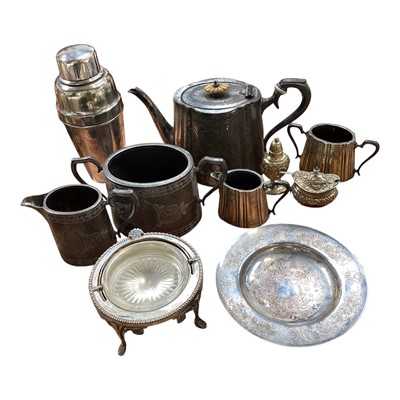Lot 5163 - Group of silver plate including a cocktail shaker, Wembley Stadium butter dish, etc