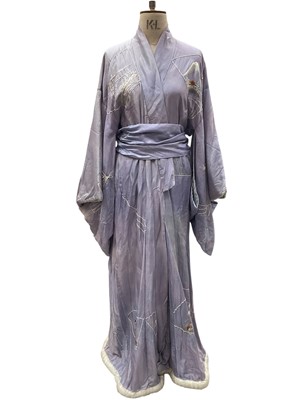 Lot 2526 - Purple silk kimono with hand embroidered garden scenes in fans. Chinese hand embroidered silk robe restyled and one other embroidered Eastern textile.