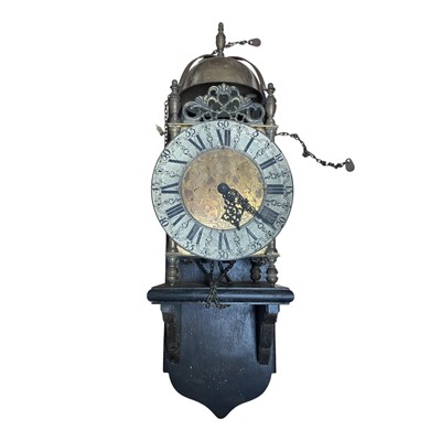 Lot 5172 - Franz Hermle brass lantern clock with engraved decoration, 37cm high, with bracket, weighs, etc