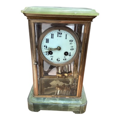 Lot 5168 - Early 20th century French four glass clock by Samuel Marti, in brass and onyx case, with mercury pendulum, striking on a coiled gong, 26.5cm high