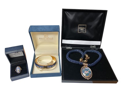 Lot 128 - Michaela Frey Wien 'Monet Waterlily' gilt metal and enamel pendant necklace, bangle and ring (3)