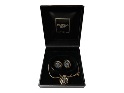 Lot 129 - Michaela Frey Wien 'Monet Iris' gilt metal and enamel pendant necklace and matching pair of earrings
