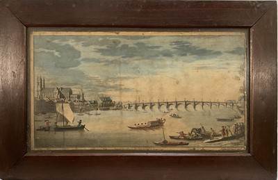Lot 125 - Mid 18th century hand coloured engraving depicting London Bridge and small boats ferrying people across the Thames, published 1744, 22.5cm x 40.5cm, in glazed frame