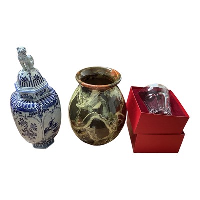 Lot 5174 - Delft blue and white vase, a pottery vase with mottled glaze, and a Baccarat cut glass tumbler (3)