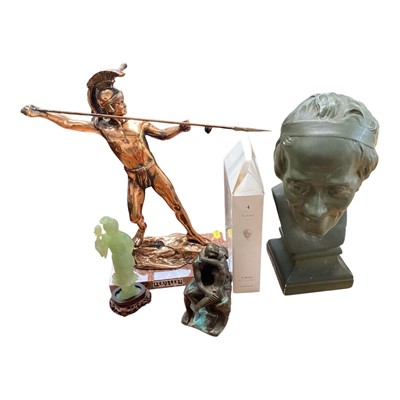 Lot 5175 - Figure of Achilles on marble base, Chinese hard stone figure, bust of Voltaire and a bronzed resin group (4)