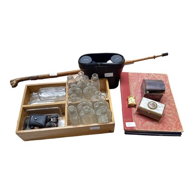 Lot 5176 - Group of collectables, including chemist bottles, binoculars, lighters, stamps, dog's head walking stick, etc