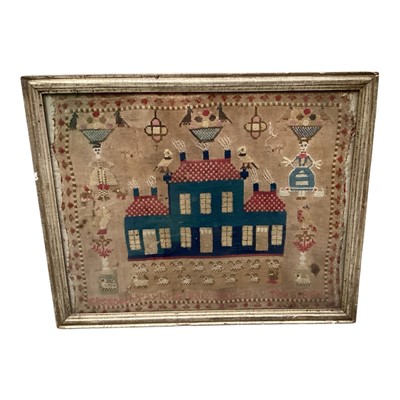 Lot 892 - 19th century woolwork sampler by Elizabeth Taylor aged 12, May 8th 1856, depicting large house flanked by birds, sheep and figures