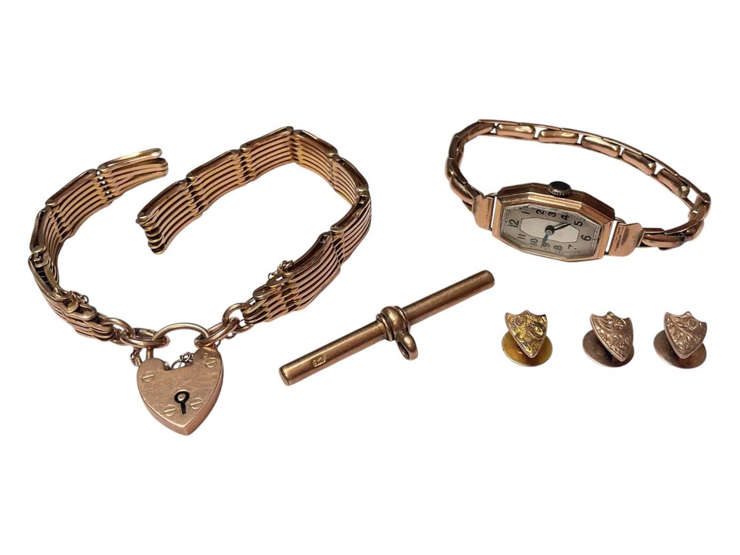 Lot 22 - 1930s 9ct rose gold ladies wristwatch on 9ct gold expandable bracelet, together with 9ct rose gold broken gate bracelet, 9ct gold T-bar and three 9ct gold shield shaped studs