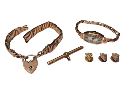 Lot 22 - 1930s 9ct rose gold ladies wristwatch on 9ct gold expandable bracelet, together with 9ct rose gold broken gate bracelet, 9ct gold T-bar and three 9ct gold shield shaped studs