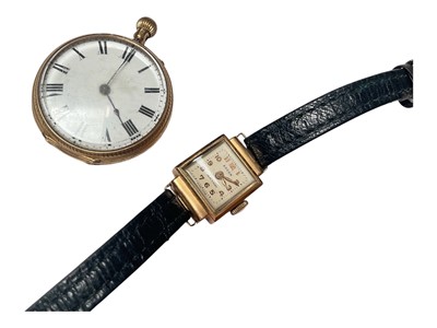 Lot 23 - 18ct gold cased fob watch, together with an 18ct gold cased Ardan ladies wristwatch on leather strap (2)