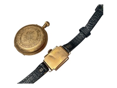 Lot 23 - 18ct gold cased fob watch, together with an 18ct gold cased Ardan ladies wristwatch on leather strap (2)