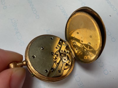 Lot 23 - 18ct gold cased fob watch, together with an 18ct gold cased Ardan ladies wristwatch on leather strap (2)