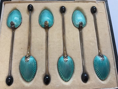 Lot 87 - Set of six 1930s silver and turquoise guilloche enamel coffee bean spoons (Birmingham 1931), in fitted case