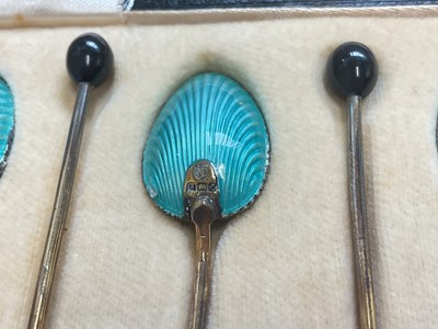 Lot 87 - Set of six 1930s silver and turquoise guilloche enamel coffee bean spoons (Birmingham 1931), in fitted case
