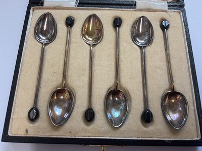 Lot 87 - Set of six 1930s silver and turquoise guilloche enamel coffee bean spoons (Birmingham 1931), in fitted case