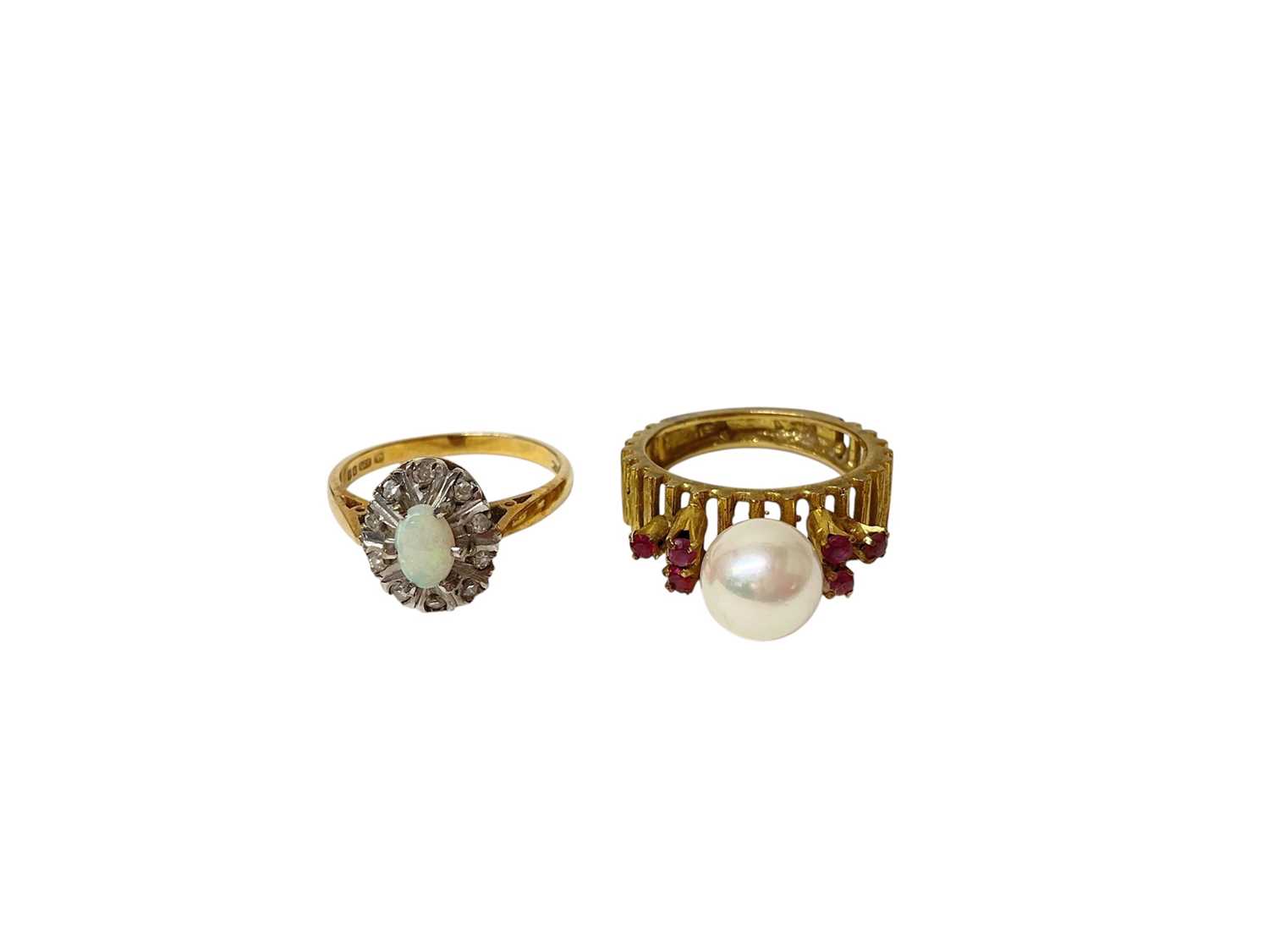 Lot 20 - 9ct gold opal and diamond cluster ring, together with a cultured pearl and pink stone ring in yellow metal setting (2)