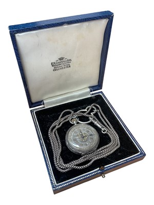 Lot 116 - Continental silver cased fob watch with silver and gilt decorated dial, on a silver watch chain