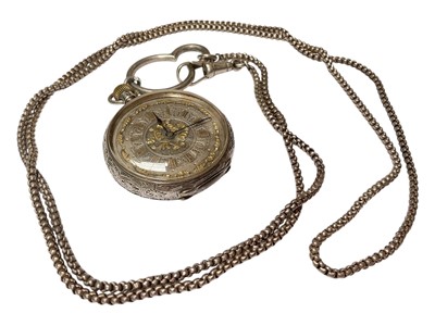 Lot 116 - Continental silver cased fob watch with silver and gilt decorated dial, on a silver watch chain