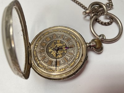Lot 116 - Continental silver cased fob watch with silver and gilt decorated dial, on a silver watch chain