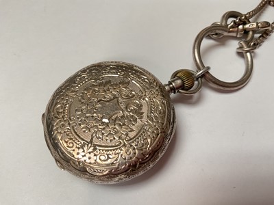 Lot 116 - Continental silver cased fob watch with silver and gilt decorated dial, on a silver watch chain